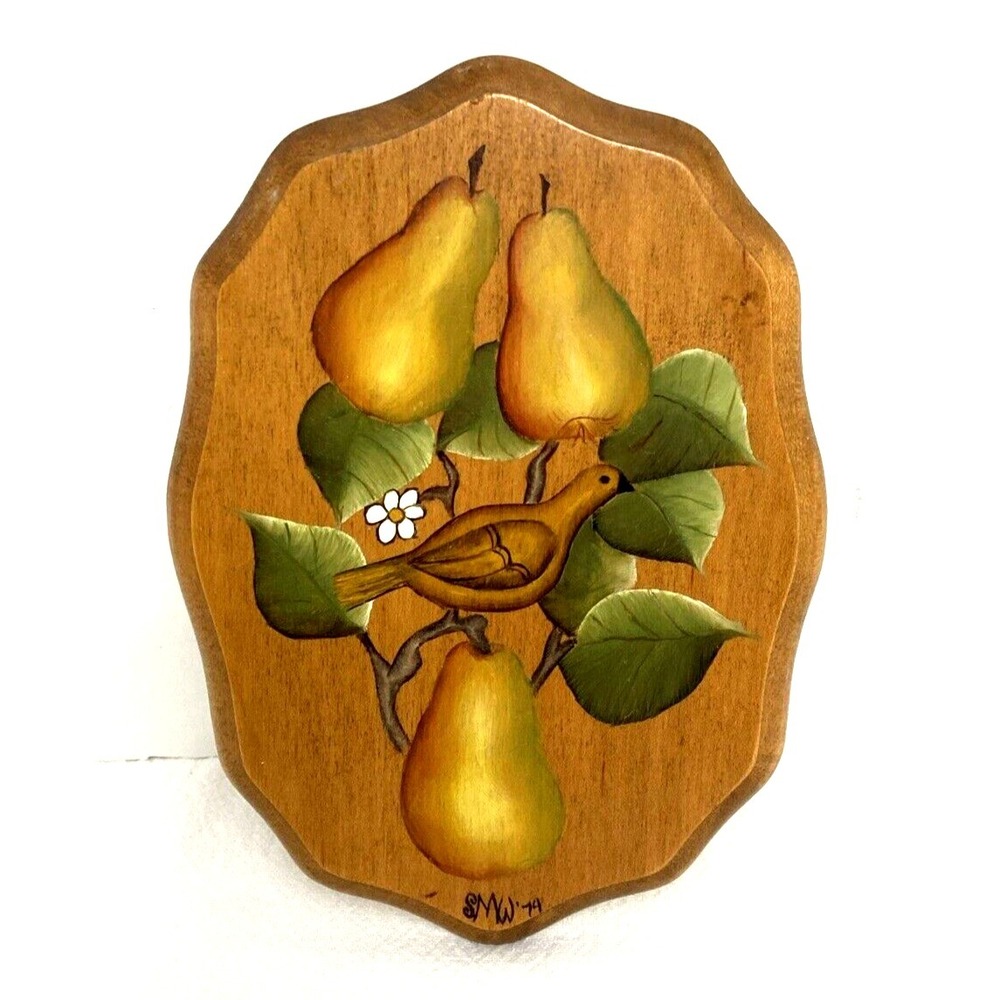Vtg Hand Painted Wood Plaque Art Pears Flower Bird Signed Dated Farmhouseโ